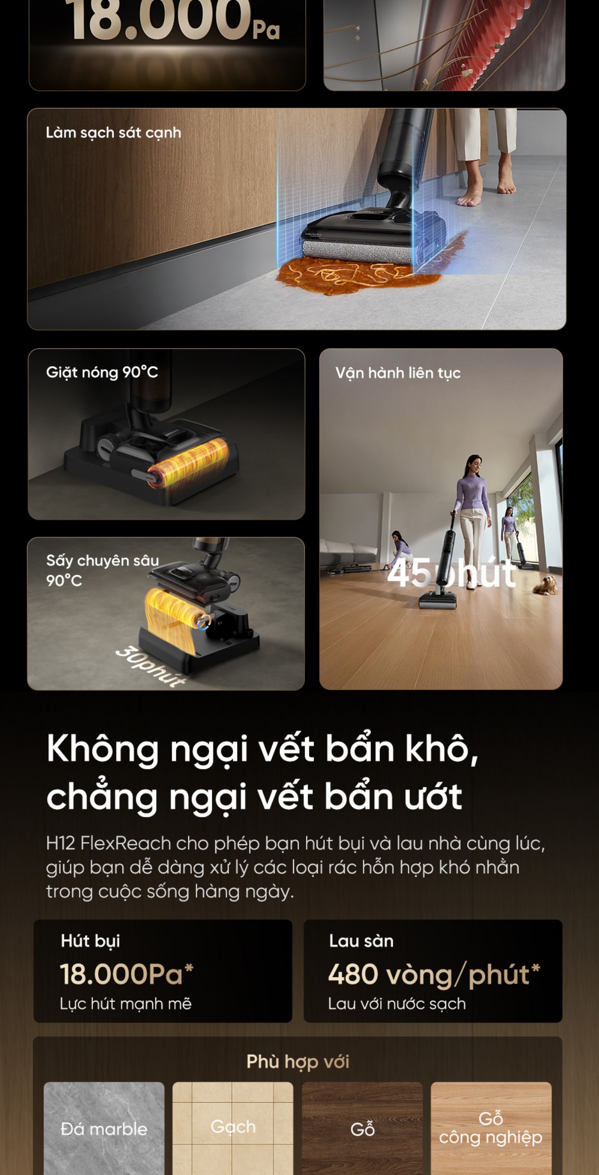 Dreame H12 Flexreach gập nghiêng 180°
