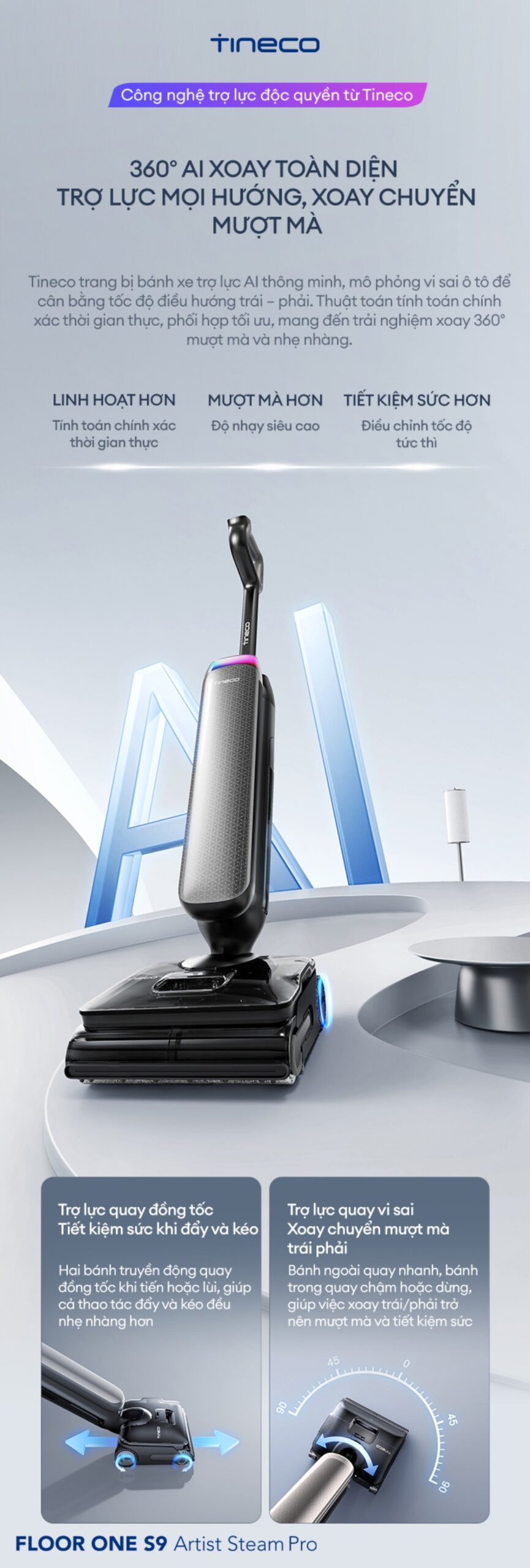Tineco Floor One S9 Artist Steam Pro gập nghiêng 180°
