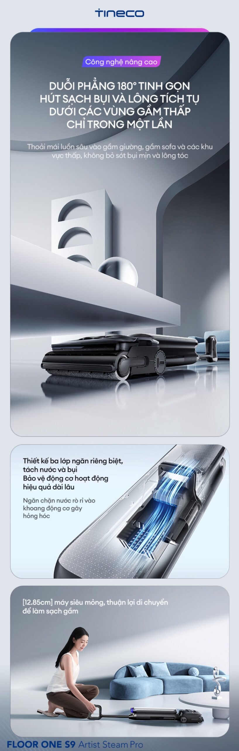 Tineco Floor One S9 Artist Steam Pro gập nghiêng 180°