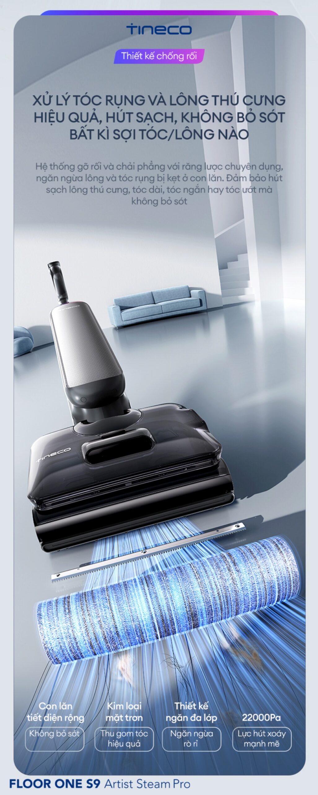 Tineco Floor One S9 Artist Steam Pro gập nghiêng 180°
