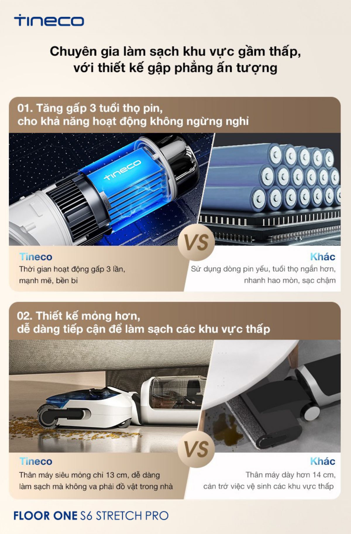 Tineco S6 Stretch Pro gập nghiêng 180°