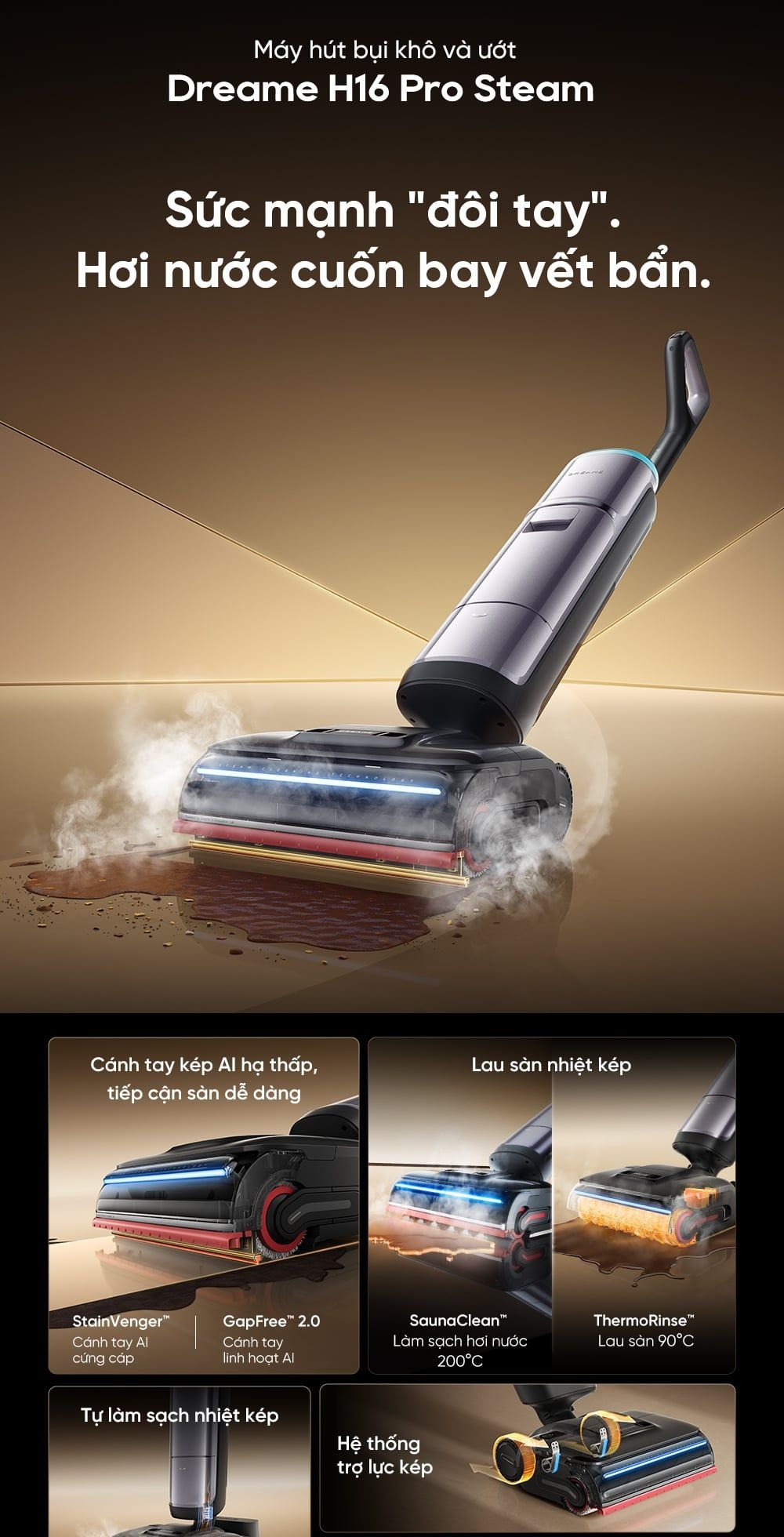 Máy hút bụi lau nhà Dreame H16 Pro Steam | Lực hút 28.000Pa