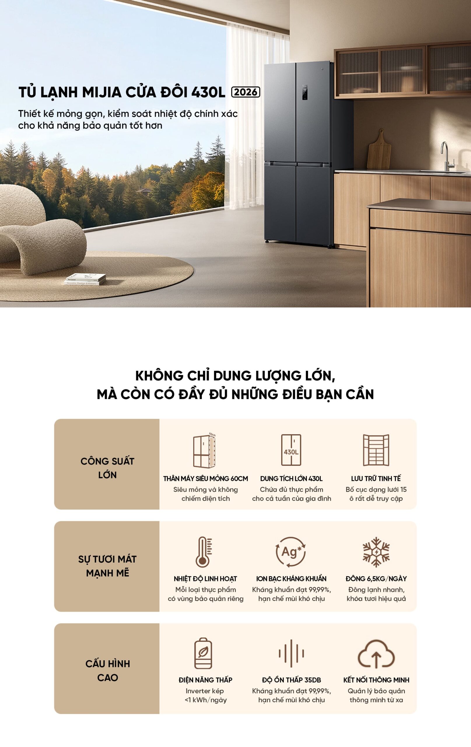 Tủ lạnh Xiaomi Mijia 430L 2026, 4 cánh, ion khử khuẩn, cấp đông nhanh
