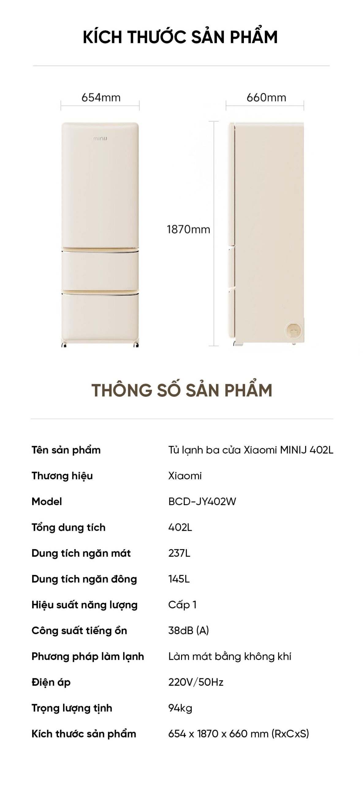 Tủ lạnh MiniJ Retro 402L thiết kế 3 cửa