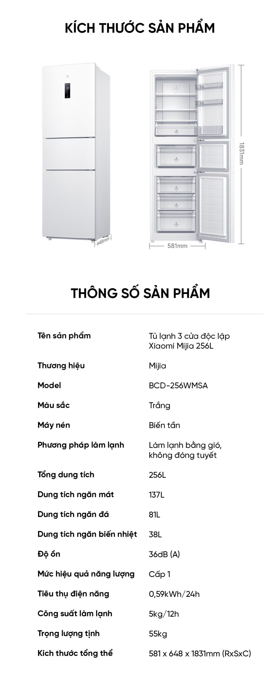Tủ lạnh 3 cửa độc lập Xiaomi Mijia 256L lưu trữ thực phẩm hiện đại và thông minh