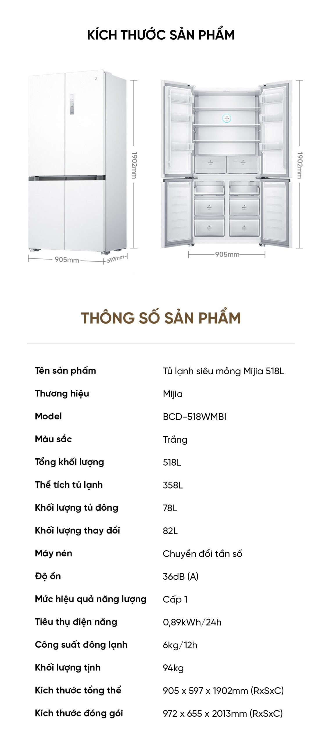 Tủ lạnh siêu mỏng Xiaomi Mijia 518L thiết kế âm tường có ngăn đông mềm